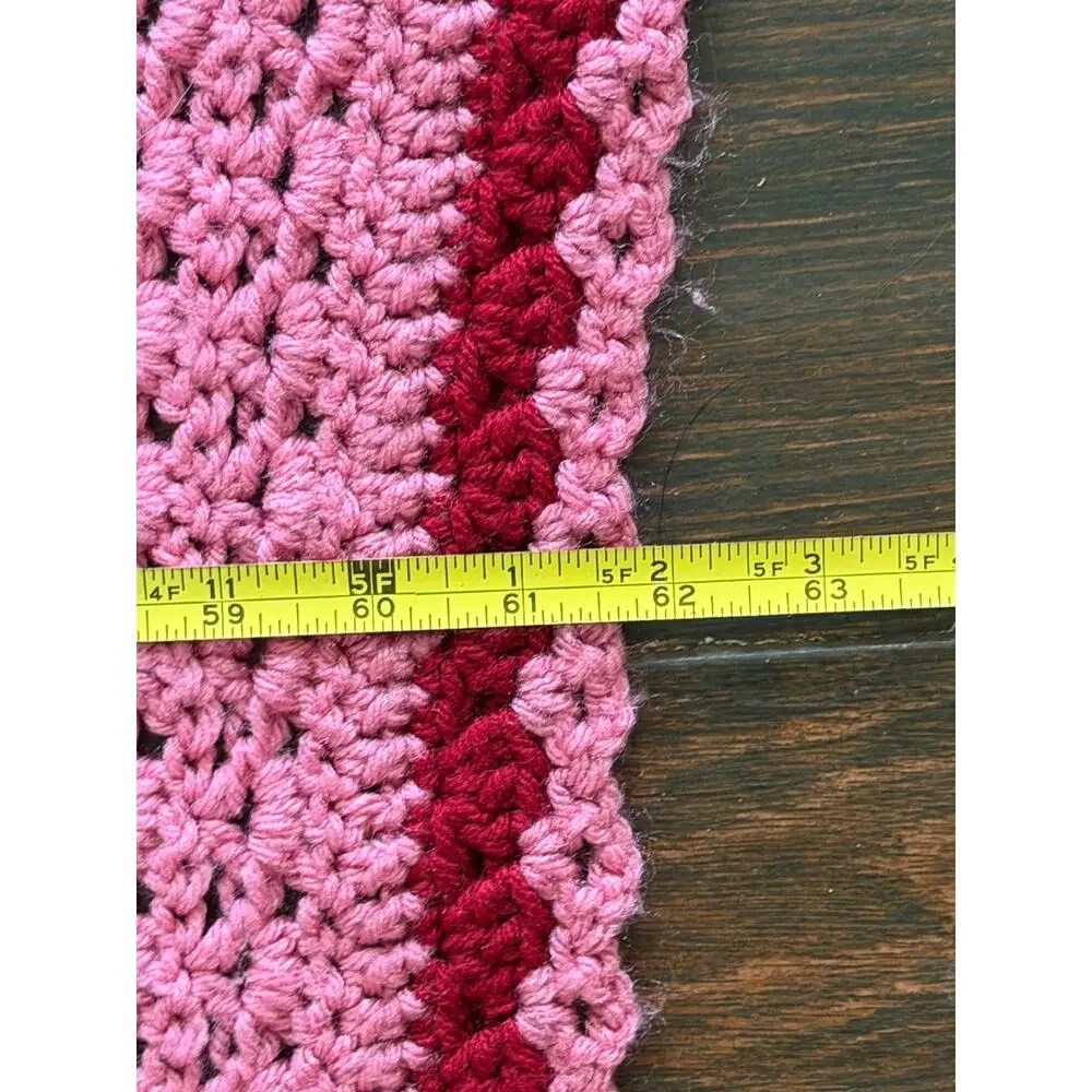 Vintage 1970s Pink Magenta Striped Crocheted Afghan Blanket Throw